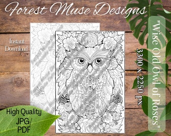 WISE OWL of ROSES -  Adult Coloring Page - Beautiful Lush Garden - Wisdom, Grace, Delicate, Doodles