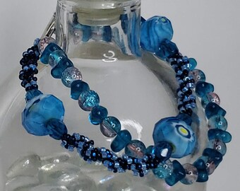 AZURE BLOSSOM Braclet • Lamp-work Beads • Hand Beaded • Double Stranded • Petite Wrist 7"