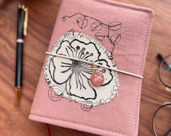 Handmade A6 Fabric Notebook Cover: Embroidered Pink Floral Journal