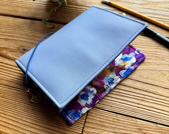 B6 Traveler's Notebook Cover | Blue Vegan Leather Journal Cover | Purple Floral Fabric | Handmade Refillable Journal | Butterfly Charm