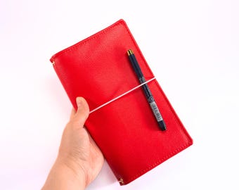 Regular size ,Red Faux Leather Traveler's Notebook Cover: Victorian Floral Interior, Handmade in Japan