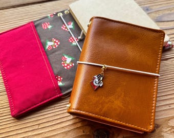 Traveler Notebook cover | A6 Size | Caramel Brown and Whimsical Mushrooms | Chocolate Bar Charm included