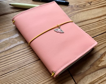 Handmade B6 Notebook Cover | Pink Vegan Leather Traveler Journal Cover | Daisy Fabric Lining | Traveler's Notebook Style