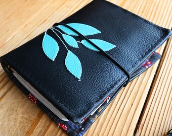 Passport Notebook Cover Black Vegan Leather Leaf Detail Dragonfly Fabric Handmade Traveler Notebook