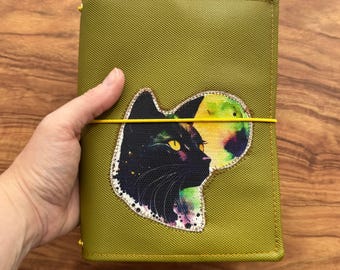 B6 Travel Journal Notebook Cover, Handmade Vegan Journal Cover, Floral Fabric and Black Cat