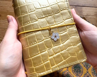 Gold A6 Travel Journal Cover, Handmade Journal Cover, Metallic Vegan Leather, Fantasy Fabric, A6 Notebook Cover, Journal Gift
