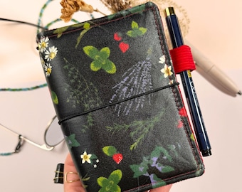 Passport Size Traveler's Notebook Cover, Red Corduroy and Botanical Vinyl, Midori style cover