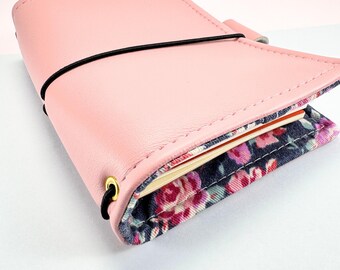 Handmade Passport Size Travelers Notebook Cover | Pink Faux Leather and Floral Fabric