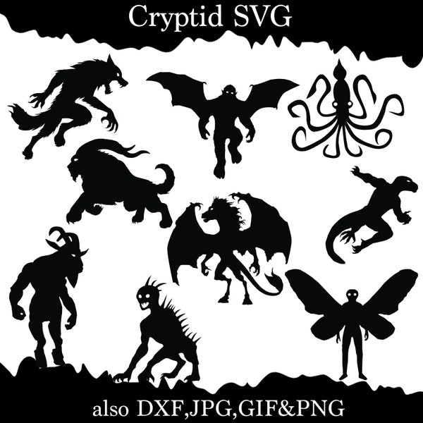 Cryptid Bundle SVG Ozark Howler, Bat squatch, Goatman, Mothman, Lizardman,  Jersey Devil, Dogman, Chupacabra, and Kraken. SVG DXF for laser.