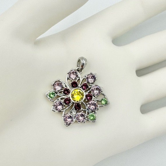 Silver May Birthstone Gem Cluster Flower Necklace… - image 1