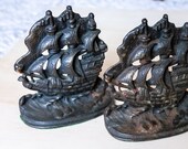 Antique Cast Iron Bookends matching ships, heavy duty, felt bottom