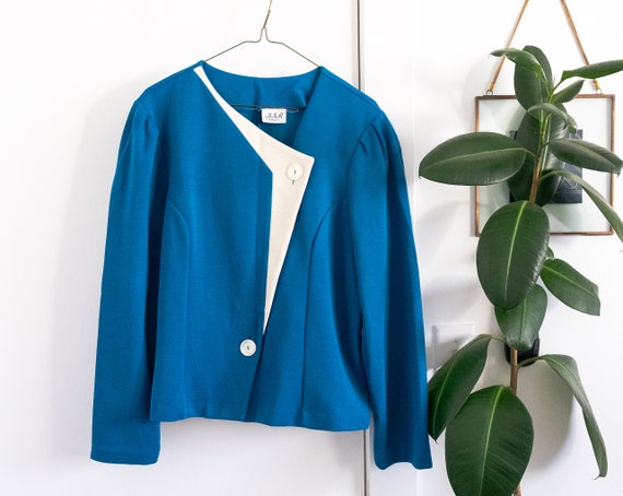 Asymmetrical Teal-Blue and white Cardigan 70's Ja… - image 1
