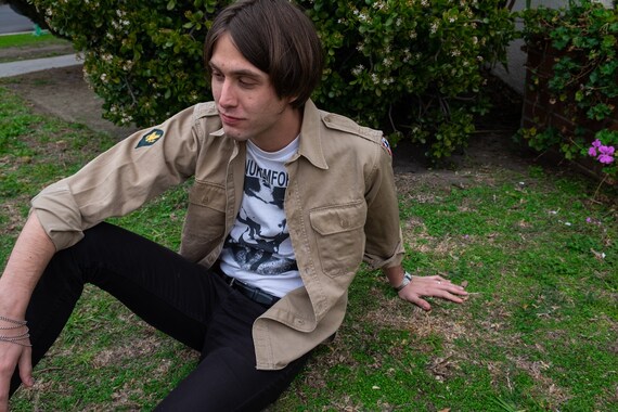 Khaki Military Button Up Shirt with Badges over sh