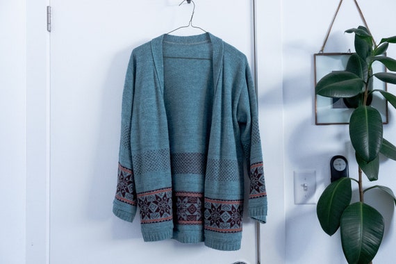 1970s Winnfield Knitwear Cardigan, teal, brown an… - image 1