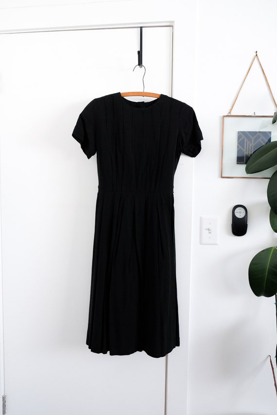 Black a-line linen dress, vintage, button back wi… - image 1