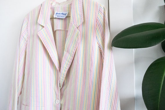 Pastel Rainbow Striped Searsucker Boxy Blazer 198… - image 4