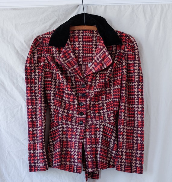 Vintage houndstooth + plaid blouse with velvet col