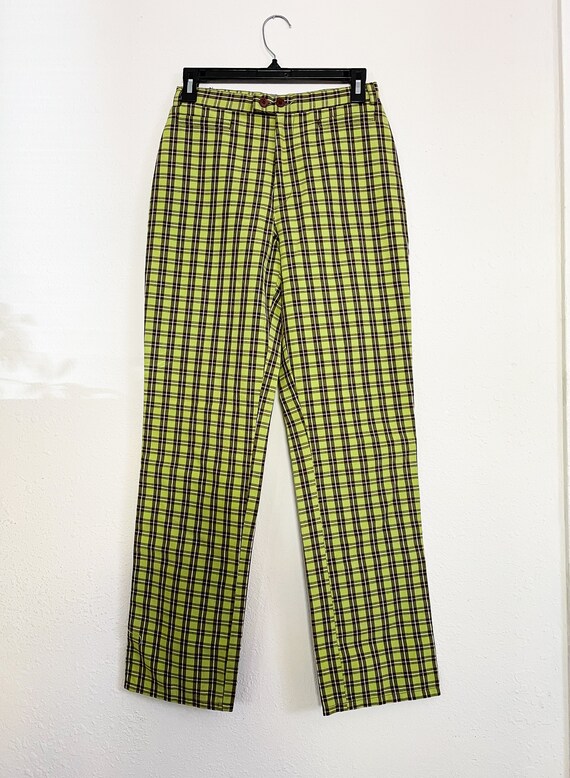 VINTAGE Lime Green, Brown, & Cream Plaid trousers… - image 2