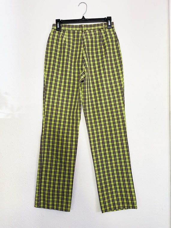 VINTAGE Lime Green, Brown, & Cream Plaid trousers… - image 4
