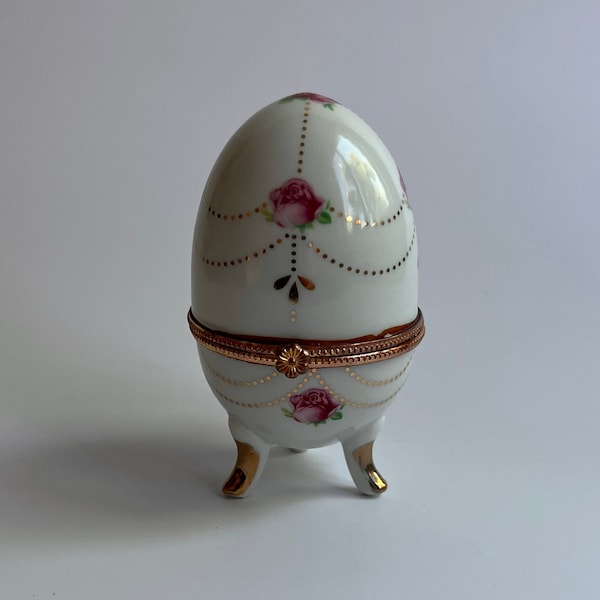 Vintage Ceramic Faberge Painted Egg Trinket Box, Jewelry Holder, Easter Décor