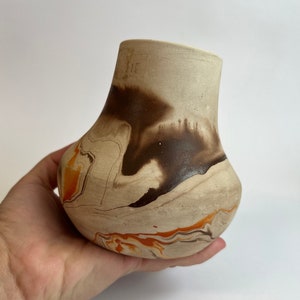 Vintage Nemadji Pottery USA Brown and Orange Drippy Swirl Painted Vase