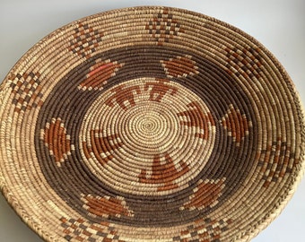 Large Vintage African Hand Woven Round Coiled Grass Basket