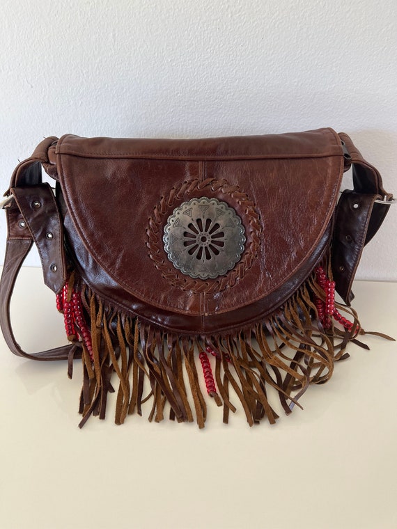 Vintage Beaded Fringed Leather Purse Made in Mexic