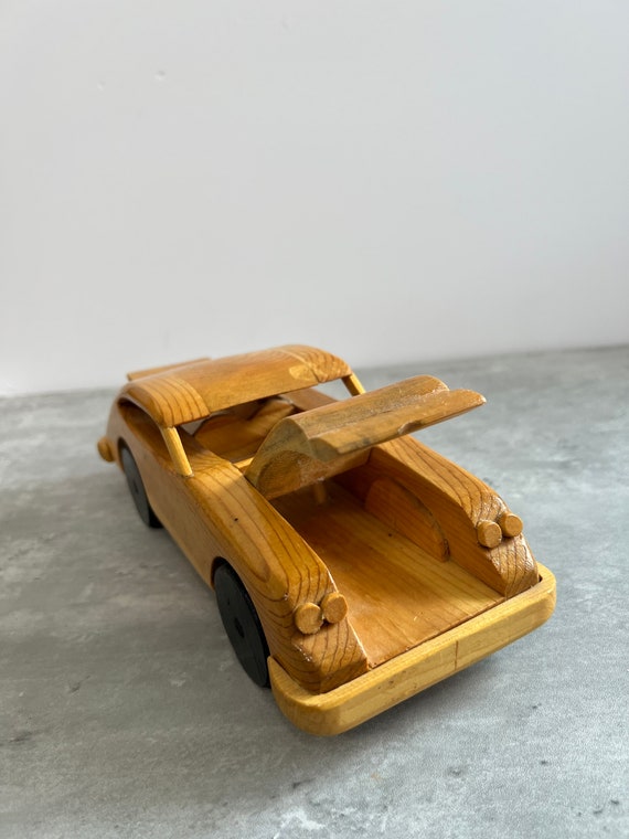 Handmade Vintage Wood Toy Car With Opening Hood and Trunk and
