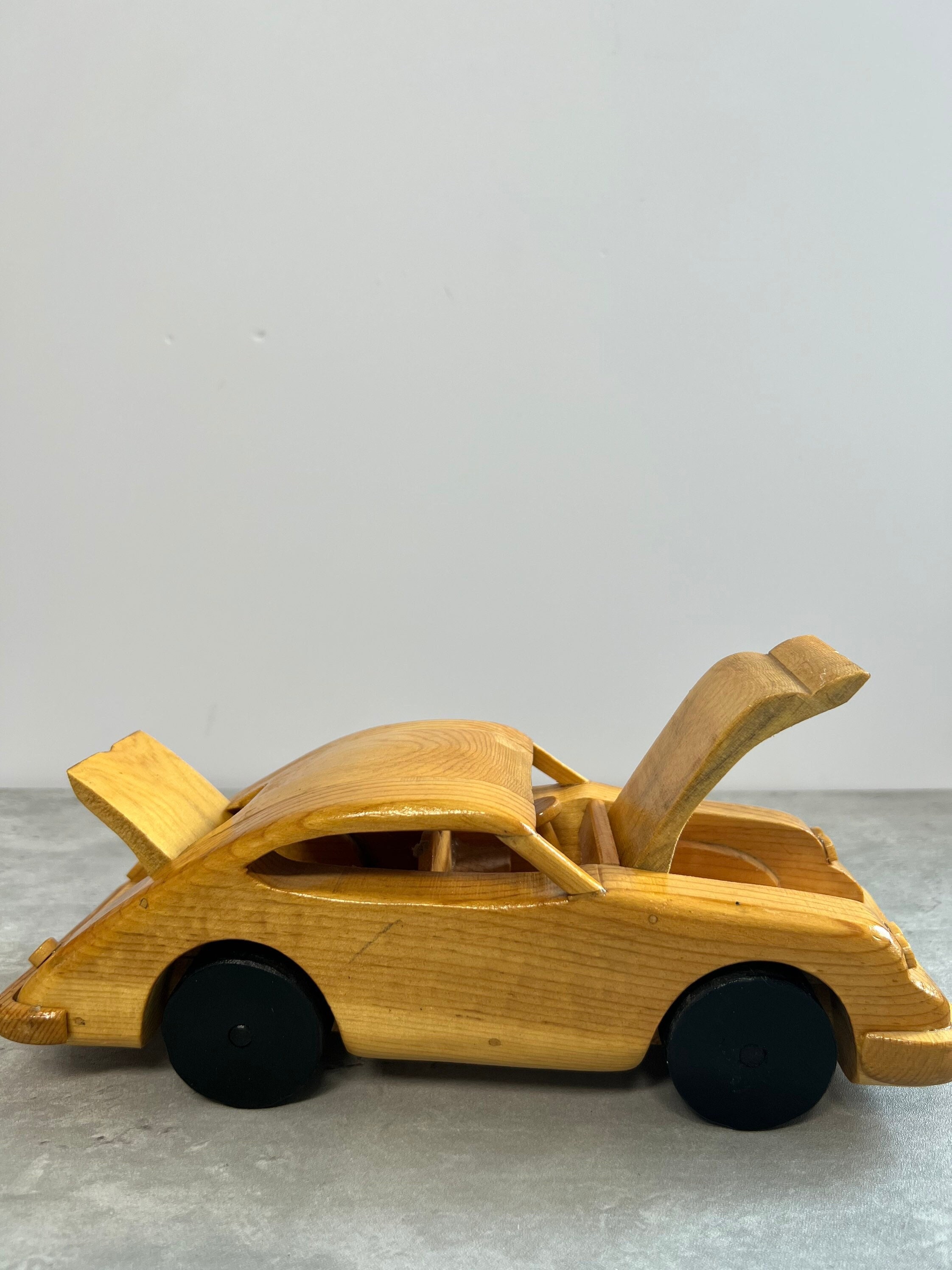 Handmade Vintage Wood Toy Car With Opening Hood and Trunk and
