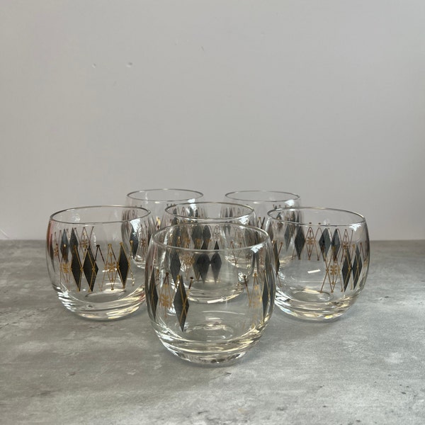 Set of 6 Vintage 1960s Harlequin Pattern Mid Century Modern Atomic Roly Poly Cocktail Glasses
