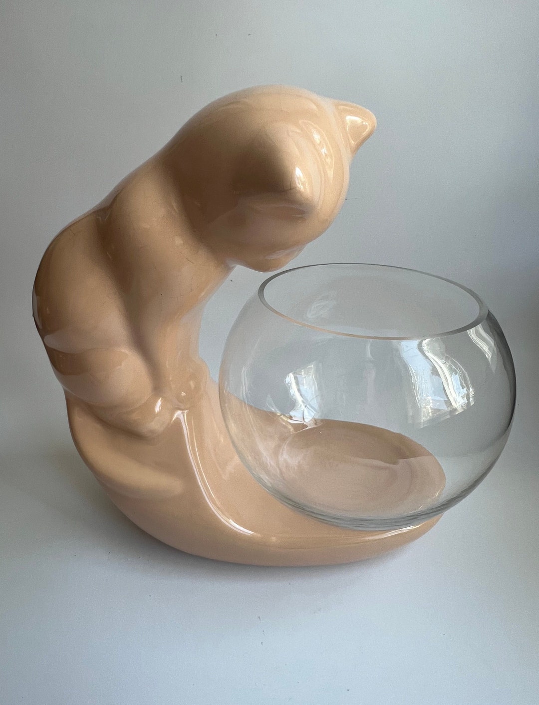 Vintage Pink Ceramic Cat Fish Bowl/terrarium/planter Etsy