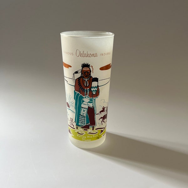 Vintage 1950s Blue Eagle Knox Oil Frosted Glass Famous Oklahoma Indians Ruling His Son Glass Tumbler