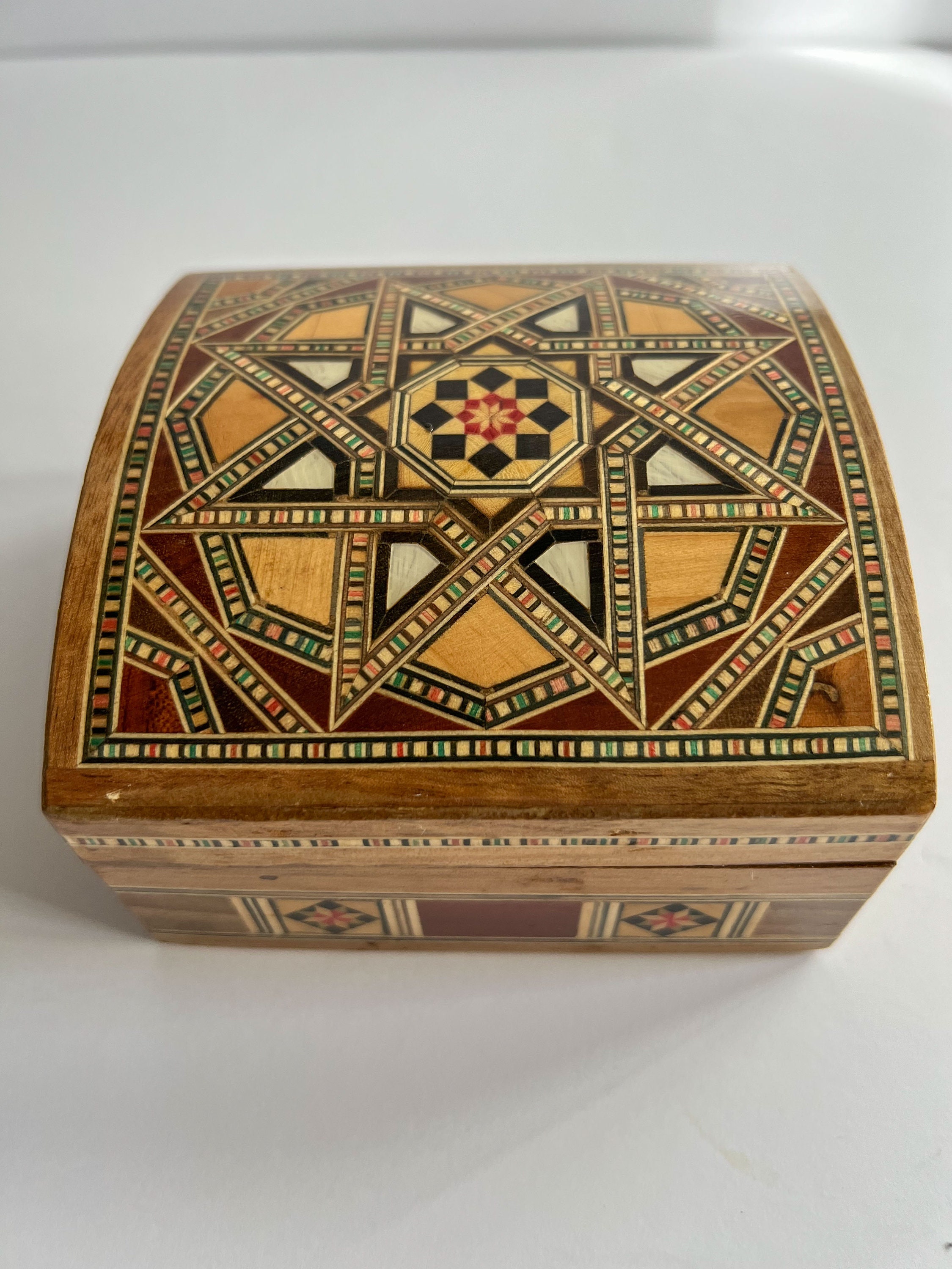 Handmade Geometric Mosaic Wood Box Inlaid With Mother of Pearl With Red ...