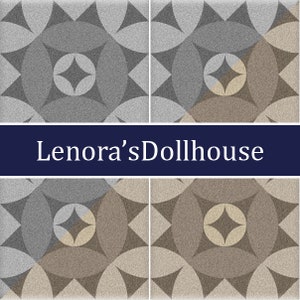 May include: Four square tiles with a geometric pattern of overlapping circles and diamonds. The tiles are in shades of gray and brown. The text "Lenora's Dollhouse" is printed across the middle of the image.