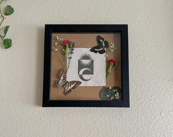 May include: A black framed shadow box with a white background and a black and white sun and moon design. The box also contains dried flowers, leaves, and butterflies.