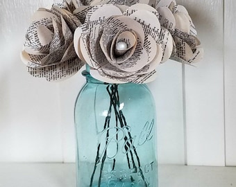 Paper Flowers, Bookpage, Farmhouse Decor, Shabby Rustic Centerpiece, Gifts for Writer, Dozen Flowers, Recycled Book, Upcycled Gifts, Teacher