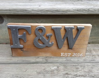 Monogram Wood Sign, Farmhouse Decor, Rustic Home Decor, Industrial Sign, Mr and Mrs, Est. Sign,