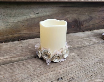 Shabby Chic Table decor, Flameless Candle, Faux Candle, Valentines Day Decor Paper Roses, Farmhouse Valentine Centerpiece, Tiered Tray, Boho