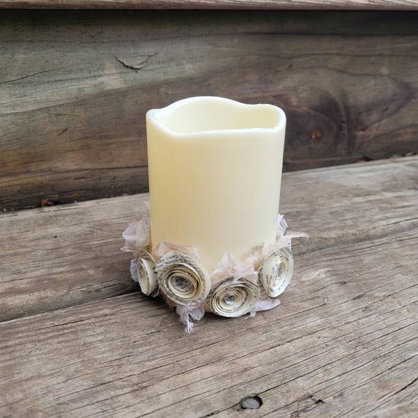 Shabby Chic Table decor, Flameless Candle, Faux Candle, Valentines Day Decor Paper Roses, Farmhouse Valentine Centerpiece, Tiered Tray, Boho