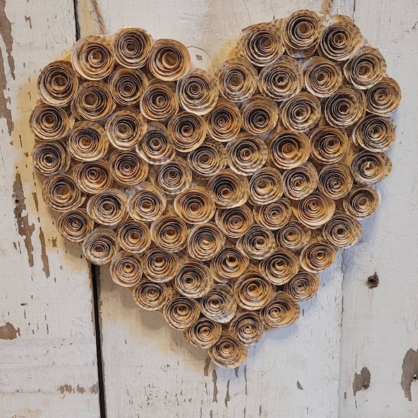 Bookpage Heart Shabby Chic Decor Paper Flowers Coffee Stain Rustic Farmhouse Home Heart Wall Decor Upcycled Vintage Paper Heart Eco-Friendly