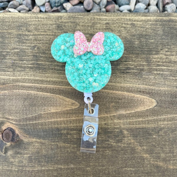 Mint and Coral Glitter Bow Mouse Badge Reel 1.5"