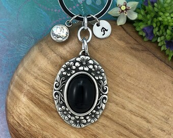 Flowers Keychain, Black Onyx Gemstone, Women's Gifts, Personalised Initial Charm, Optional Crystal Charm, 100% Genuine Solid Pewter