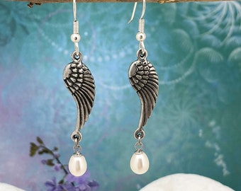 Pearl Drop Angel Wing Earrings, Dangle & Drop Earrings, Genuine 100% Solid Pewter, Pearl Earrings, Gift for Her