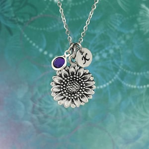 Collier de tournesol, collier de tournesol personnalisé, bijoux de tournesol, pierre de naissance en cristal, disque initial, cadeau d'anniversaire, collier de charme