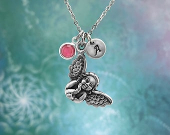 Angel Necklace, Birthstone Personalised Angel Crystal Necklace, Angel Jewelry, Initial, Birthstone, Monogram, Gift for Her, Birthday Gift