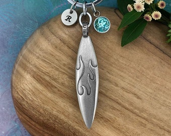 Surfboard Keychain, Surf Jewelry, Personalised Initial Charm, Optional Crystal Charm, Gift for Him, Genuine Solid Pewter