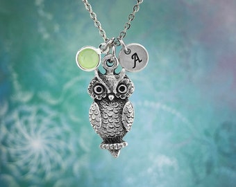 Eule Halskette, personalisierte Eule Halskette, Eule Schmuck, Initiale, Geburtsstein, Monogramm, Geschenk für sie, Geburtstagsgeschenk, Charm Halskette