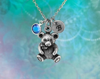 Teddy Bear Necklace, Teddy  Bear Jewelry, Initial, Birthstone, Monogram, Gift for Her, Birthday Gift, Charm necklace