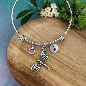 Könnte beinhalten: Ein silbernes Armreif-Armband mit einem Libellen-Anhänger, einem kleinen violetten Edelstein und einem silbernen Anhänger mit dem Buchstaben 'A' darauf.