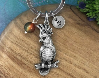 Cockatoo Keychain, Personalised Initial Charm, Optional Natural Gemstone Charm, 100% Genuine Solid Pewter